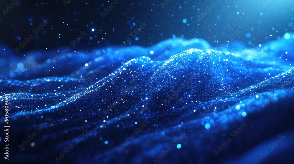 Poster abstract 3d wave of particles with blue lighting and ample space for copy.