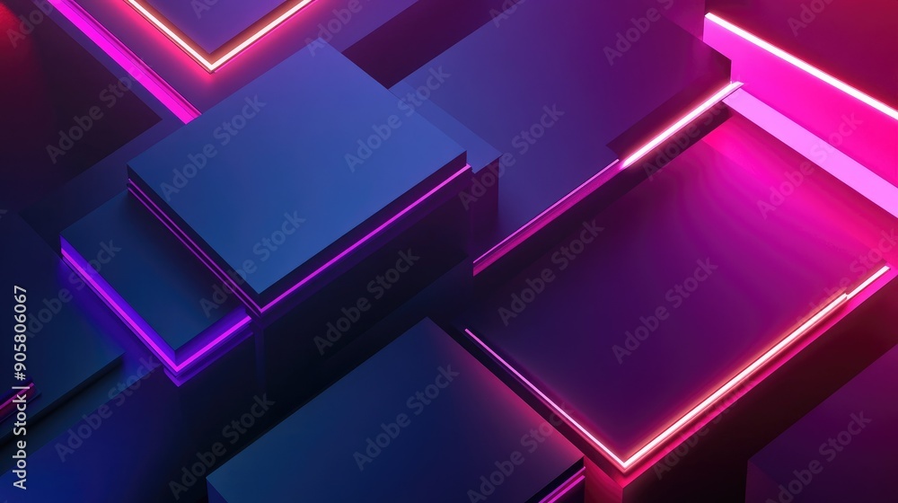Poster abstract 3d geometric shapes with glowing lines and space for copy.