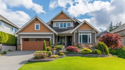 Beautiful house with manicured front yard and ample copy space for marketing.