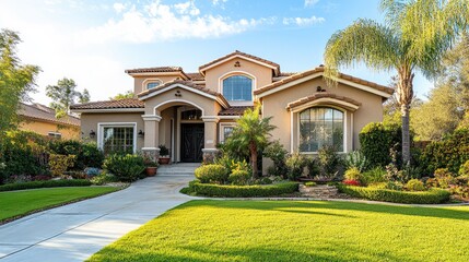 Naklejka premium Beautiful house with manicured front yard and ample copy space for marketing.