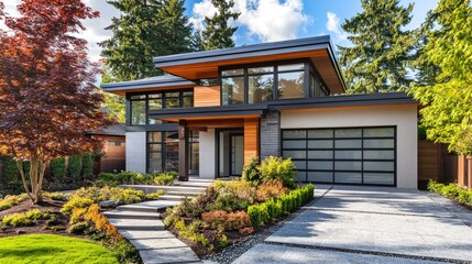 Contemporary home with stylish landscaping and open space for copy or logo placement.