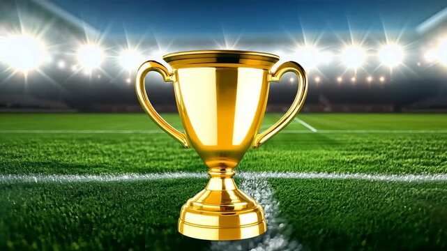 Soccer ball with golden award on green grass football field stadium at night video footage. Sport game equipment in spotlight. Black and white ball for european championship clip victory concept.