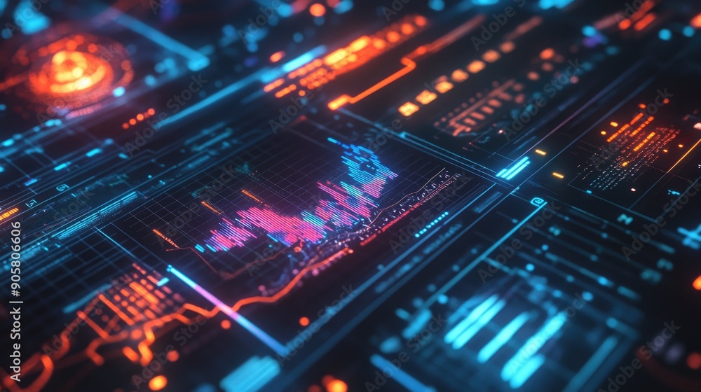 Poster digital interface with graphs and charts indicating successful project milestones.