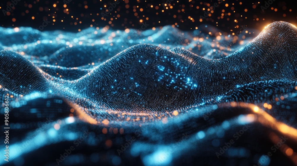 Poster digital 3d wave of data particles with ample space for tech-related cop