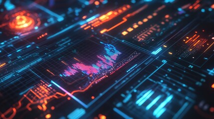 Fototapeta premium Digital interface with graphs and charts indicating successful project milestones.