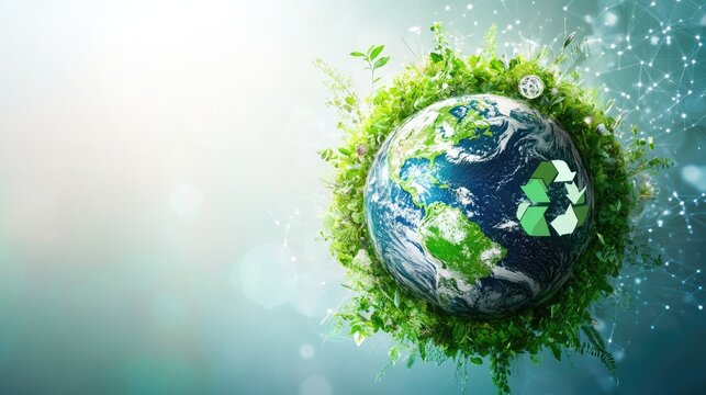 Earth with eco-friendly icons, representing sustainable living and open space for text.