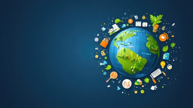 Earth with eco-friendly icons, representing sustainable living and open space for text.