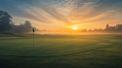 Empty golf course at sunrise with a flagstick in the distance, featuring ample copy space