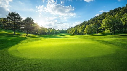 Fototapeta premium Empty golf course with a beautiful view of the fairway, ample space for text.