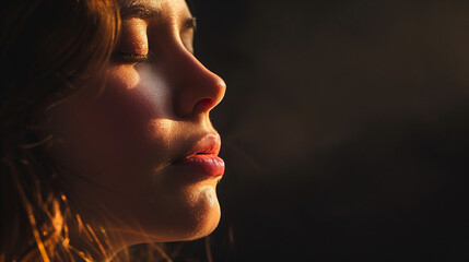 In this close-up shot, a woman's face with her eyes closed is lit from the side while the background remains dark.