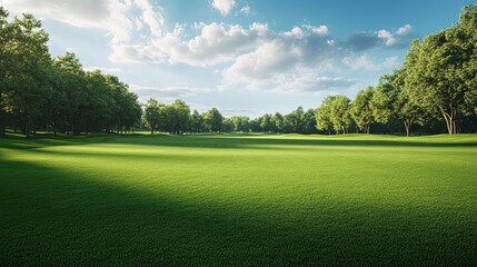 Fototapeta premium Empty golf course with a scenic view of the fairway, ample space for text.