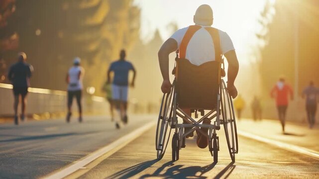 A disabled man in a wheelchair competes in a morning marathon race alongside other runners on a sunlit road. Wearing athletic clothing, he shows determination and spirit in the race.