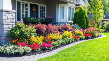 Front yard with decorative plants and flowers, providing copy space for advertising.