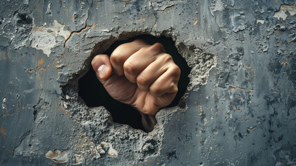 Through the hole in the wall you can see a tightly clenched fist, demonstrating its presence with determination and strength.