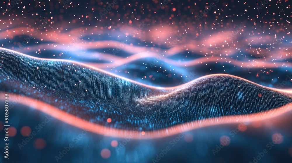 Poster futuristic 3d wave of data particles with ample space for copy.