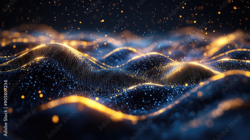 Poster futuristic 3d wave of data particles with ample space for copy.