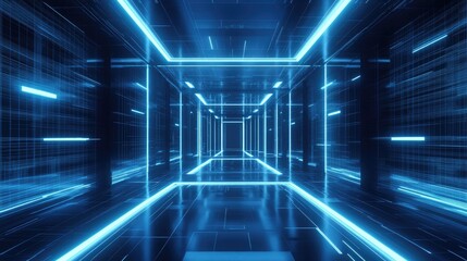 Obraz premium Futuristic 3D wireframe pattern with blue lighting, featuring ample space for text. --ar 16:9