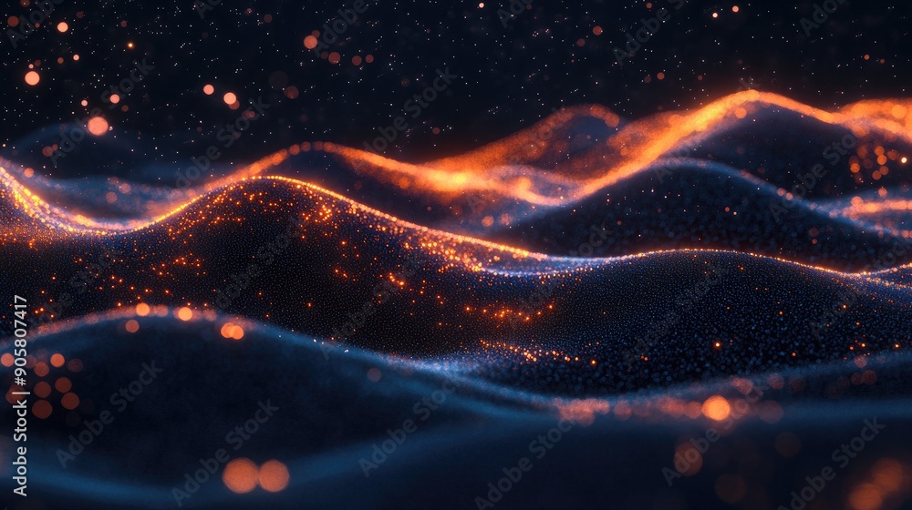 Poster glowing 3d wave of particles on a dark background, perfect for tech messages with ample space.