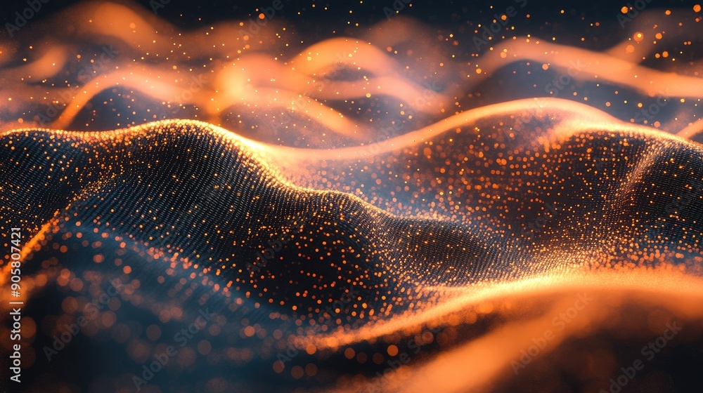 Poster glowing 3d wave of data particles with ample space for tech messages.