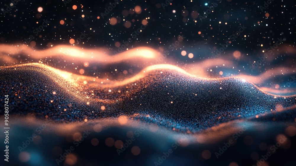 Poster glowing 3d wave of particles on a dark background, perfect for tech messages with open space