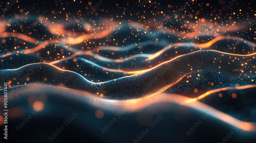 Poster glowing 3d wave of particles with ample space for technology-related copy. --ar 16:9