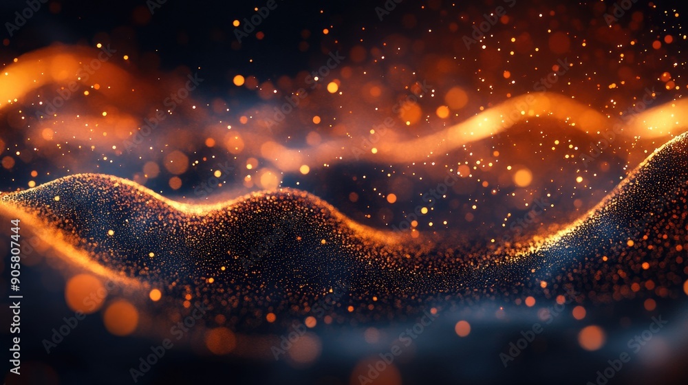 Poster glowing 3d wave of particles on a dark background, perfect for tech messages with ample space.