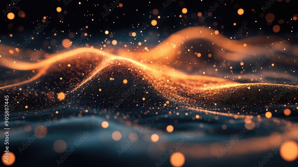 Aufkleber glowing 3d wave of particles with ample space for technology-themed messages.