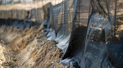 Obraz premium Black Erosion Control Netting on Sandy Slope Close Up