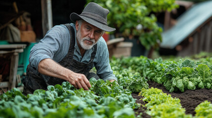 A senior gardener with a gray beard carefully tends to green vegetables in a neatly maintained garden, signifying dedication, expertise, and the joy of gardening.