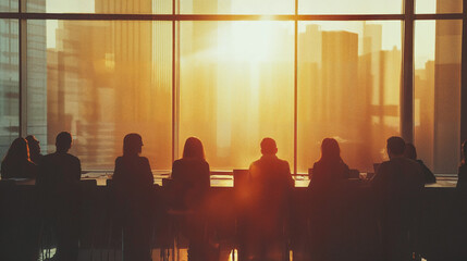 A group of business individuals seated at a conference table in an upscale office, looking out at large windows with a city view and sunset.