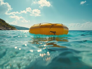 A yellow inflatable ring floats in clear water. AI.