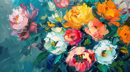 On the canvas illuminated by oil paints we see a lush bouquet of flowers in intense colors.