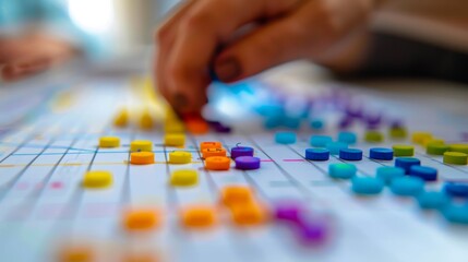Naklejka premium Closeup of Hand Placing Colorful Markers on a Board Game