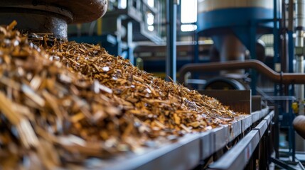 Close-up of Wood Chips on Conveyor Belt in Industrial Setting