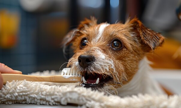 A dog gets its teeth brushed. AI.