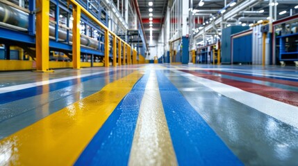 Fototapeta premium Colorful Lines on Factory Floor - Low Angle Perspective