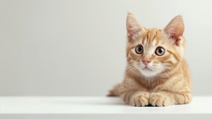 Orange tabby cat with attentive eyes, resting on white surface