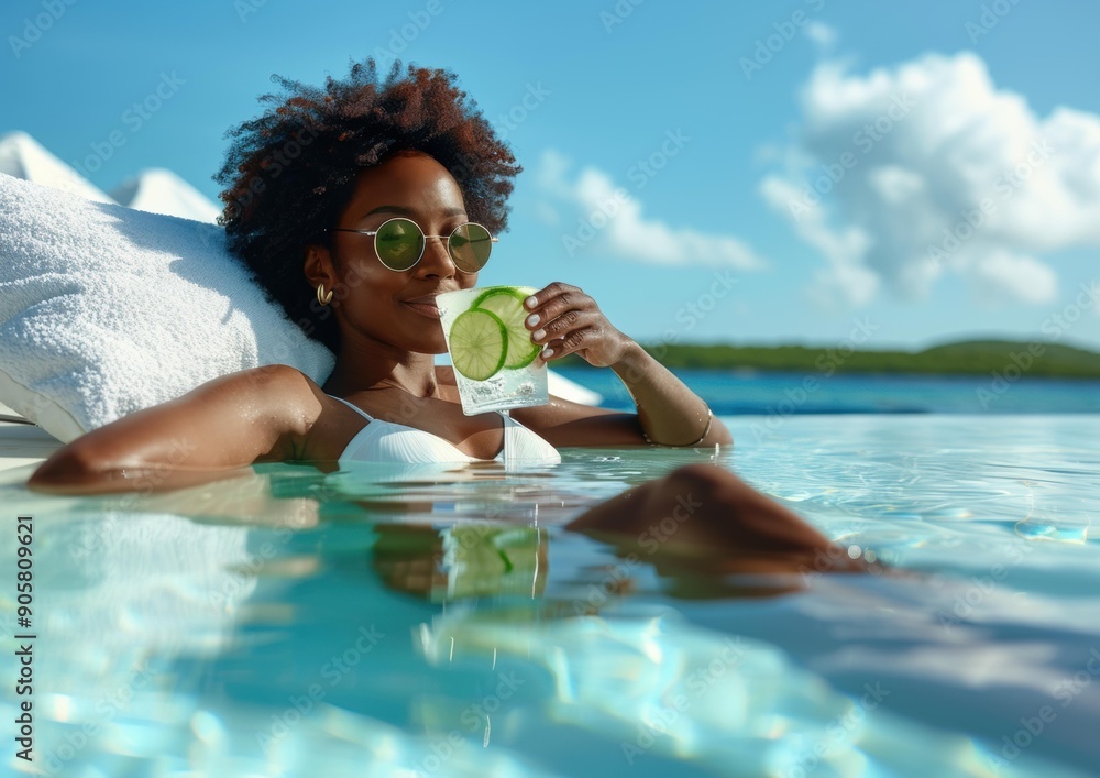 Poster relaxing in the pool with a refreshing drink. ai.