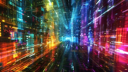 Obraz premium Digital Cityscape - Neon Lights, Abstract Architecture, Futuristic Technology