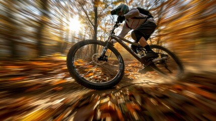 Fototapeta premium A mountain biker speeds through a forest path, leaves blurring in the motion. AI.
