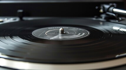 Spinning black vinyl record on turntable, close-up of needle and grooves
