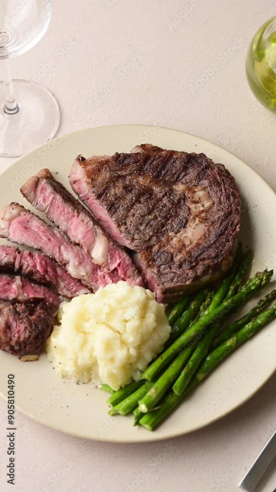 Wall mural ribeye steak with asparagus and mushed potato