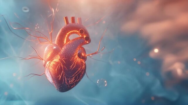 A digital rendering of a glowing human heart with illuminated veins floating in a surreal, sci-fi-inspired atmosphere. The heart appears to be pulsating, surrounded by abstract light patterns and