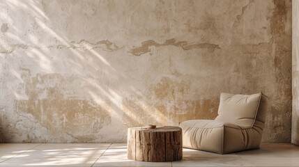 Minimalist Beige Living Room Interior With Wooden Coffee Table and  Armchair