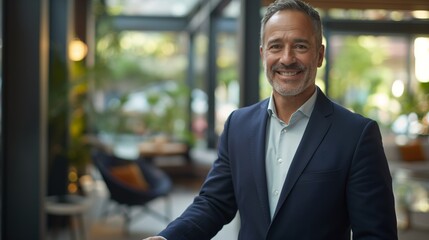 Fototapeta premium Confident Senior Businessman Smiling in a Bright Modern Office Lobby