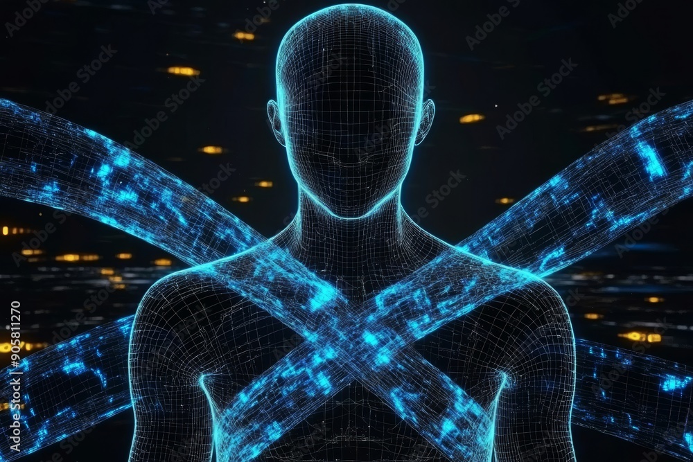 Poster digital human form connected in a network representing the integration of technology and humanity.
