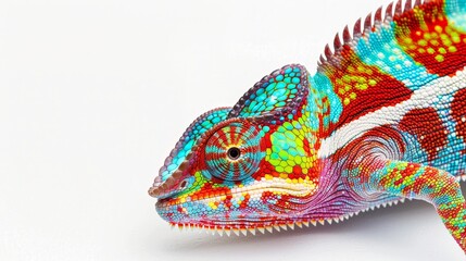A vibrant chameleon with a curled tail, showcasing its vivid colors and intricate patterns, isolated on a white background with ample copy text space