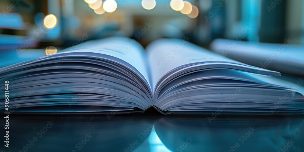 Poster an open book lying on a desk in a library, illuminated by soft, warm lighting, creating a serene rea