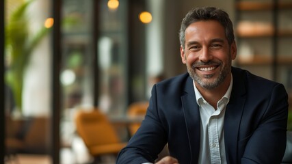 Fototapeta premium Smiling Businessman in a Modern Office Setting with a Relaxed Atmosphere