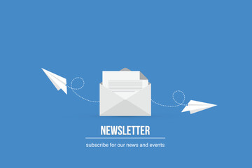 Newsletter. vector illustration of email marketing. subscription to newsletter, news, offers, promotions. a letter and envelope. subscribe, submit. send by mail.	